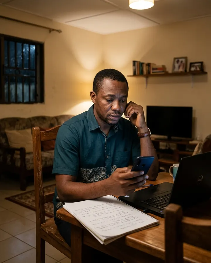 Un consultant, chez lui le soir, fait défiler ses messages sur son téléphone d'un air soucieux, un carnet de notes en désordre devant lui.