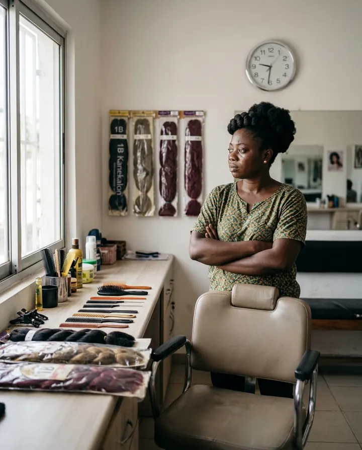 Une coiffeuse, bras croisés à côté d'un fauteuil vide, regarde l'horloge de son salon : sa cliente n'est pas venue.